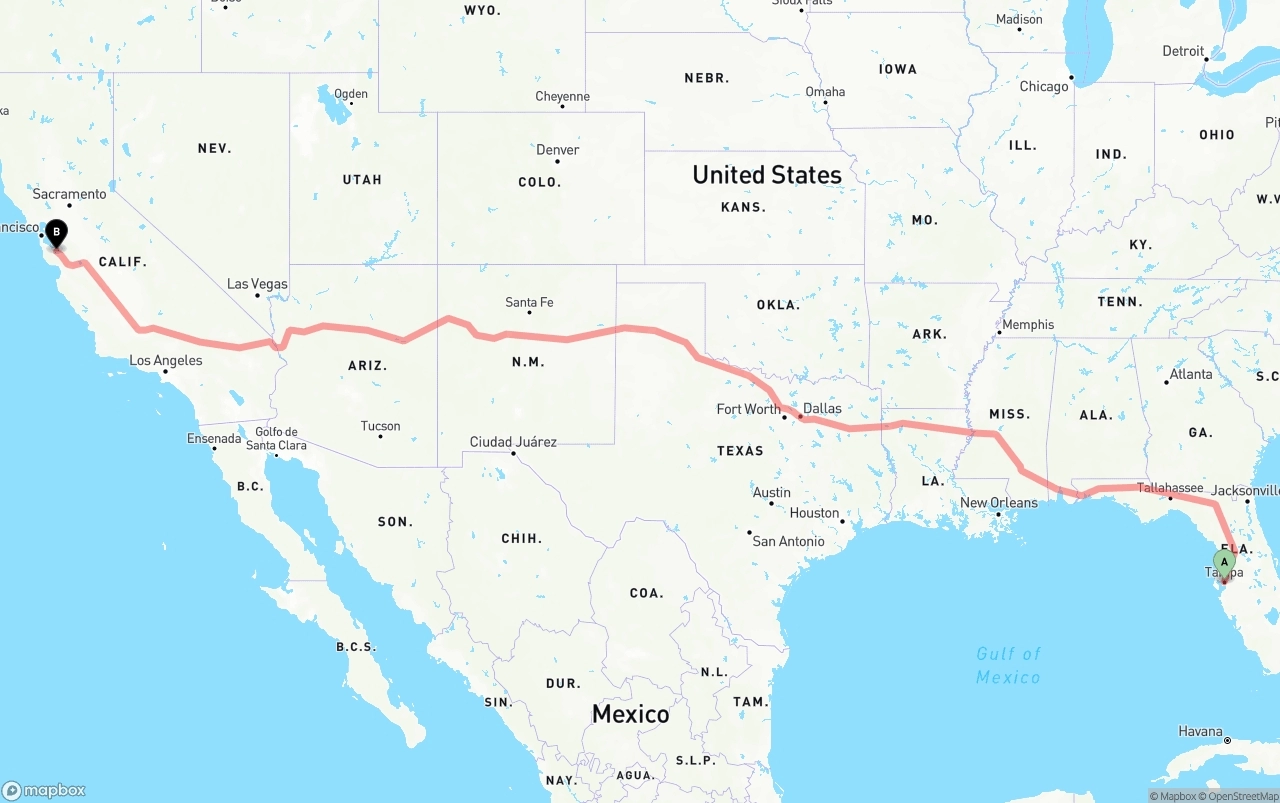 Shipping route from Tampa to Norman Y. Mineta San Jose International Airport
