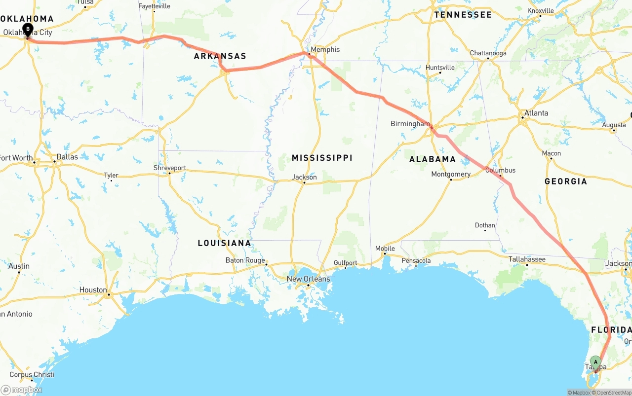 Shipping route from Tampa to Oklahoma City