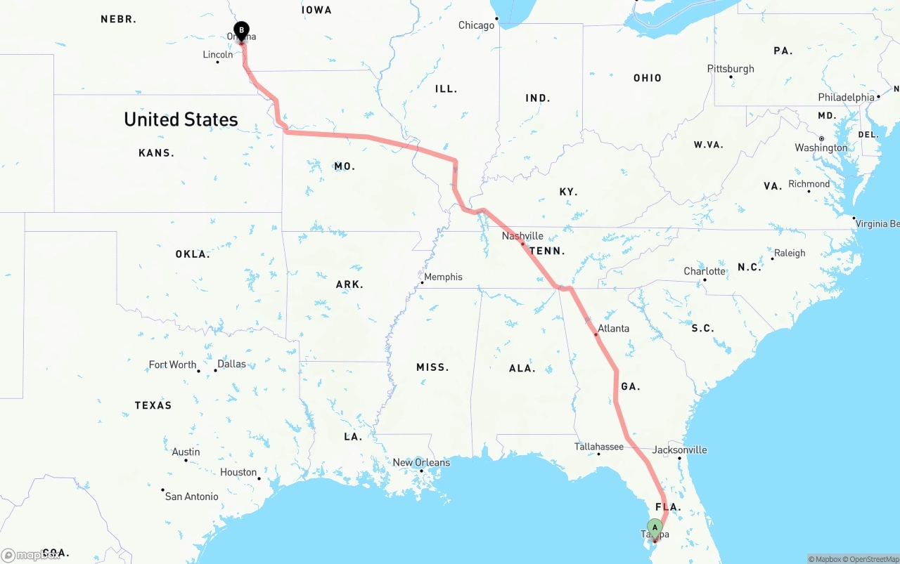 Shipping route from Tampa to Omaha