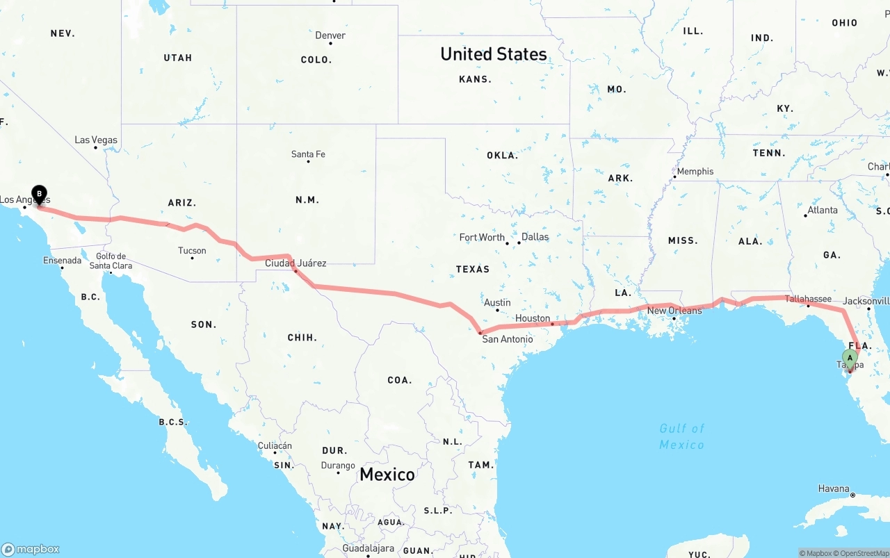 Shipping route from Tampa to Ontario International Airport