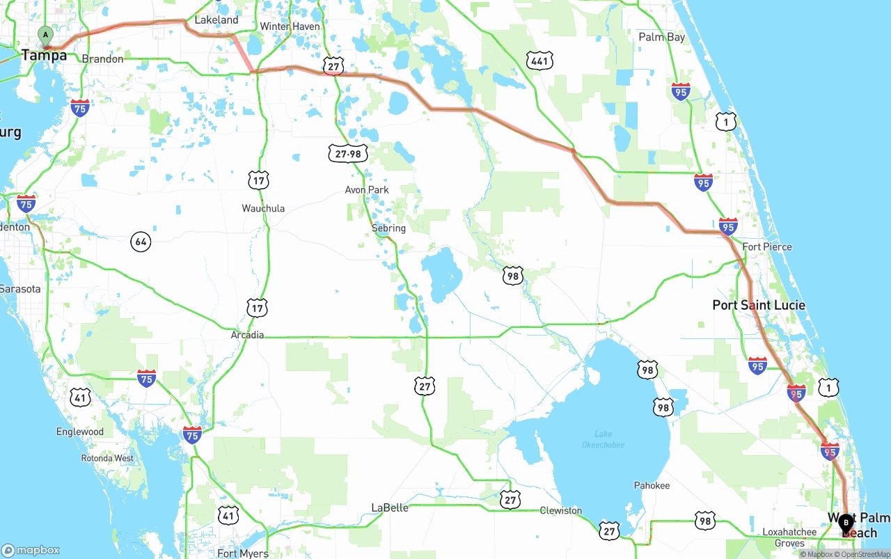 Shipping route from Tampa to Palm Beach International Airport