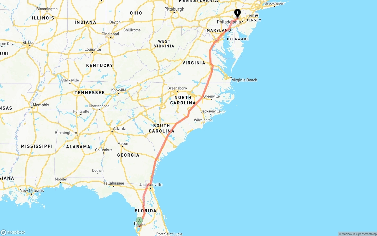 Shipping route from Tampa to Phoenix