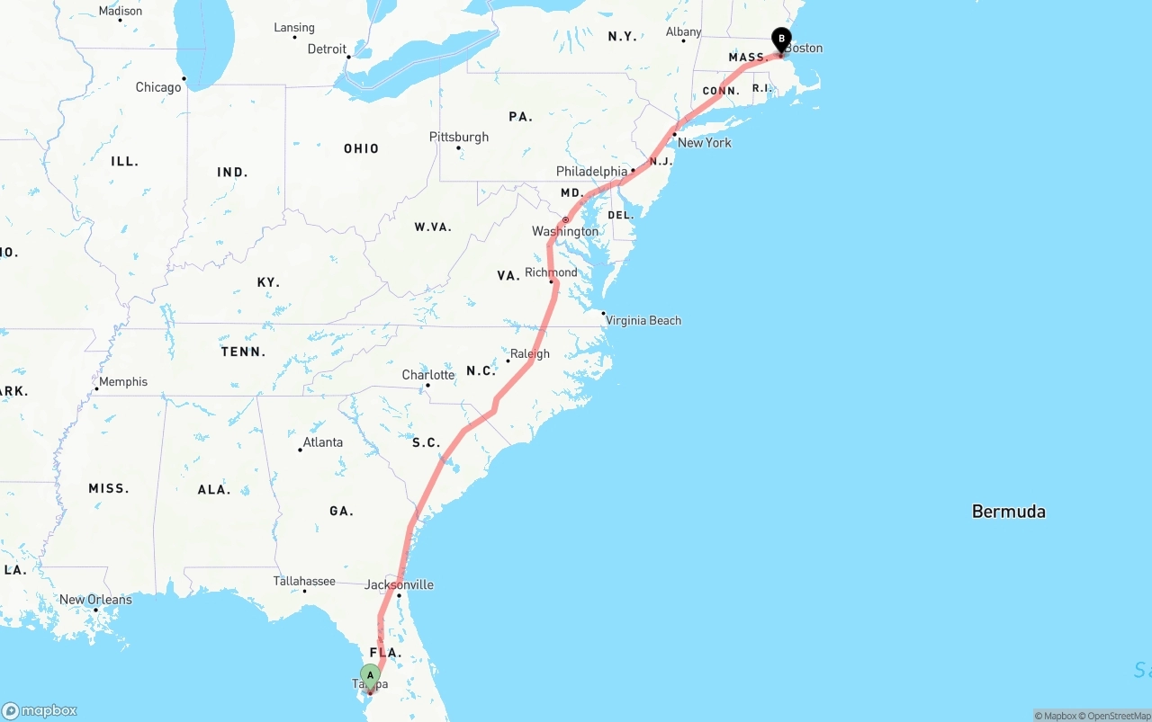 Shipping route from Tampa to Port of Boston
