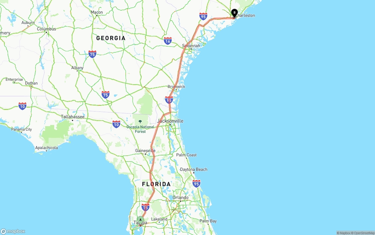 Shipping route from Tampa to Port of Charleston