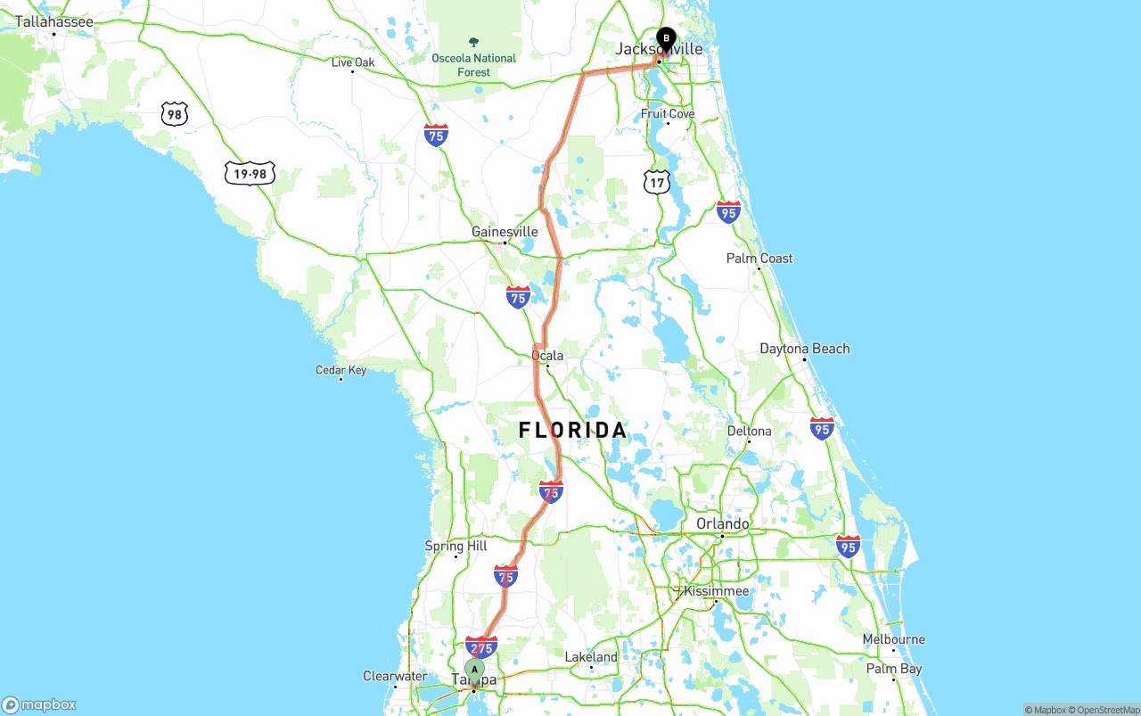 Shipping route from Tampa to Port of Jacksonville