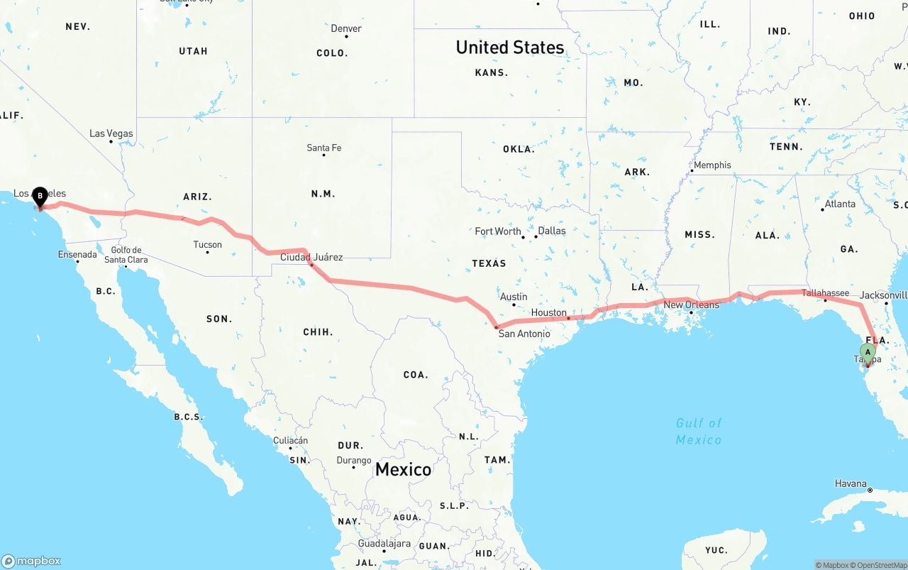 Shipping route from Tampa to Port of Long Beach
