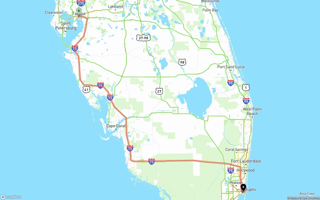 Shipping route from Tampa to Port of Miami