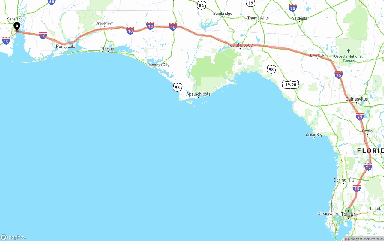 Shipping route from Tampa to Port of Mobile