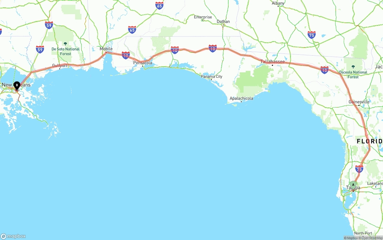 Shipping route from Tampa to Port of New Orleans