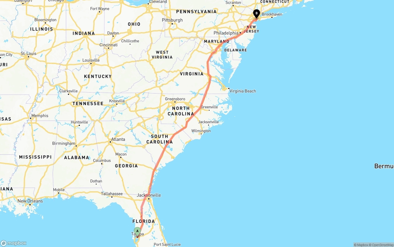Shipping route from Tampa to Port of New York