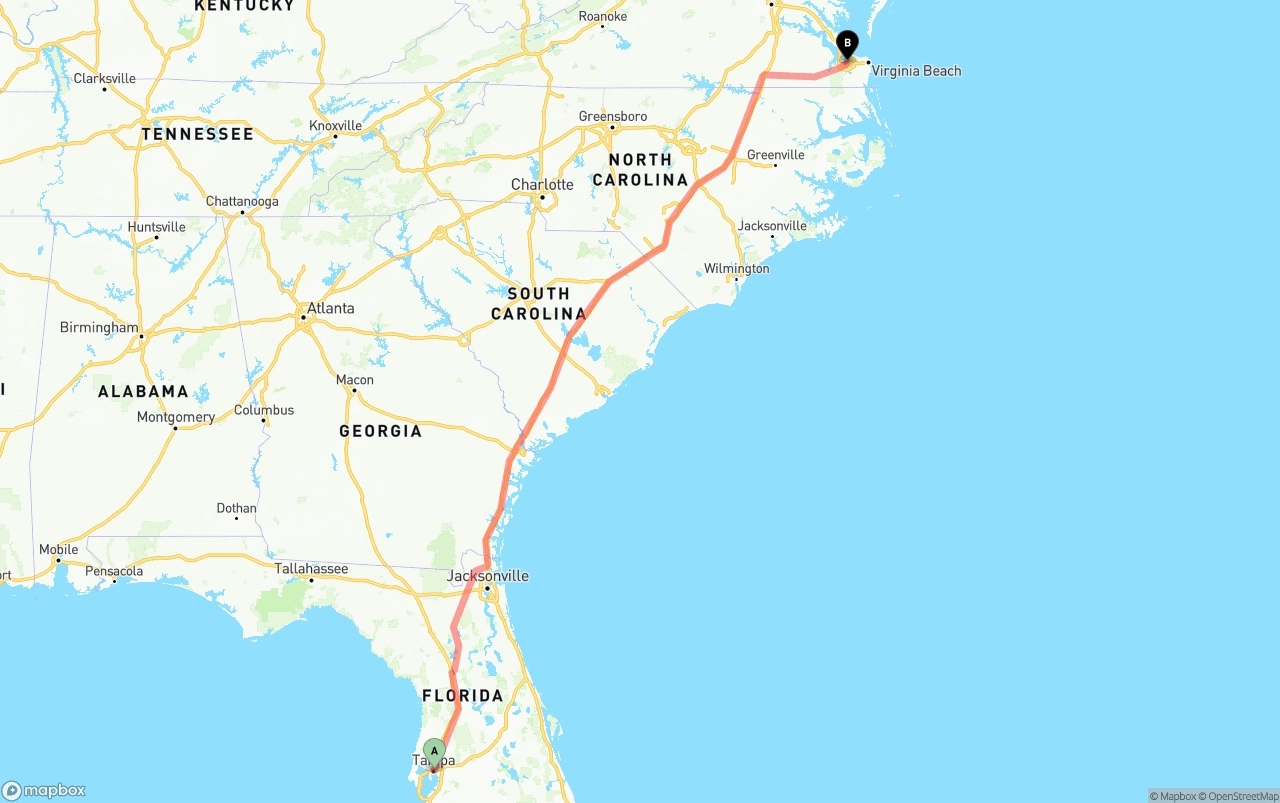 Shipping route from Tampa to Port of Norfolk