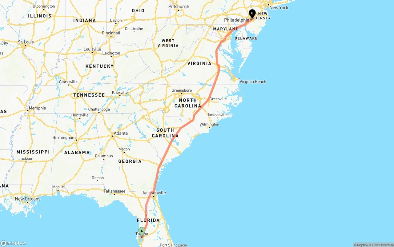 Shipping route from Tampa to Port of Philadelphia