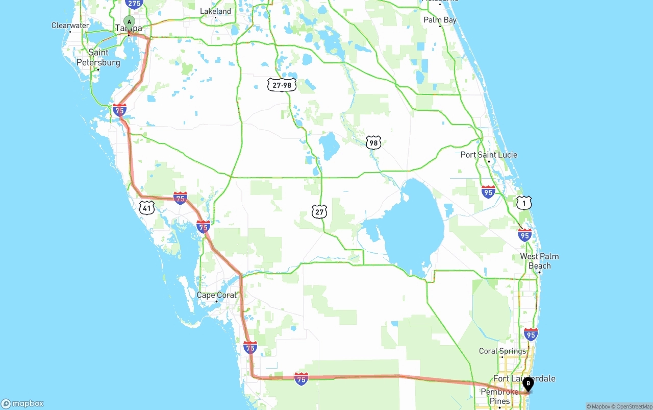 Shipping route from Tampa to Port of Port Everglades
