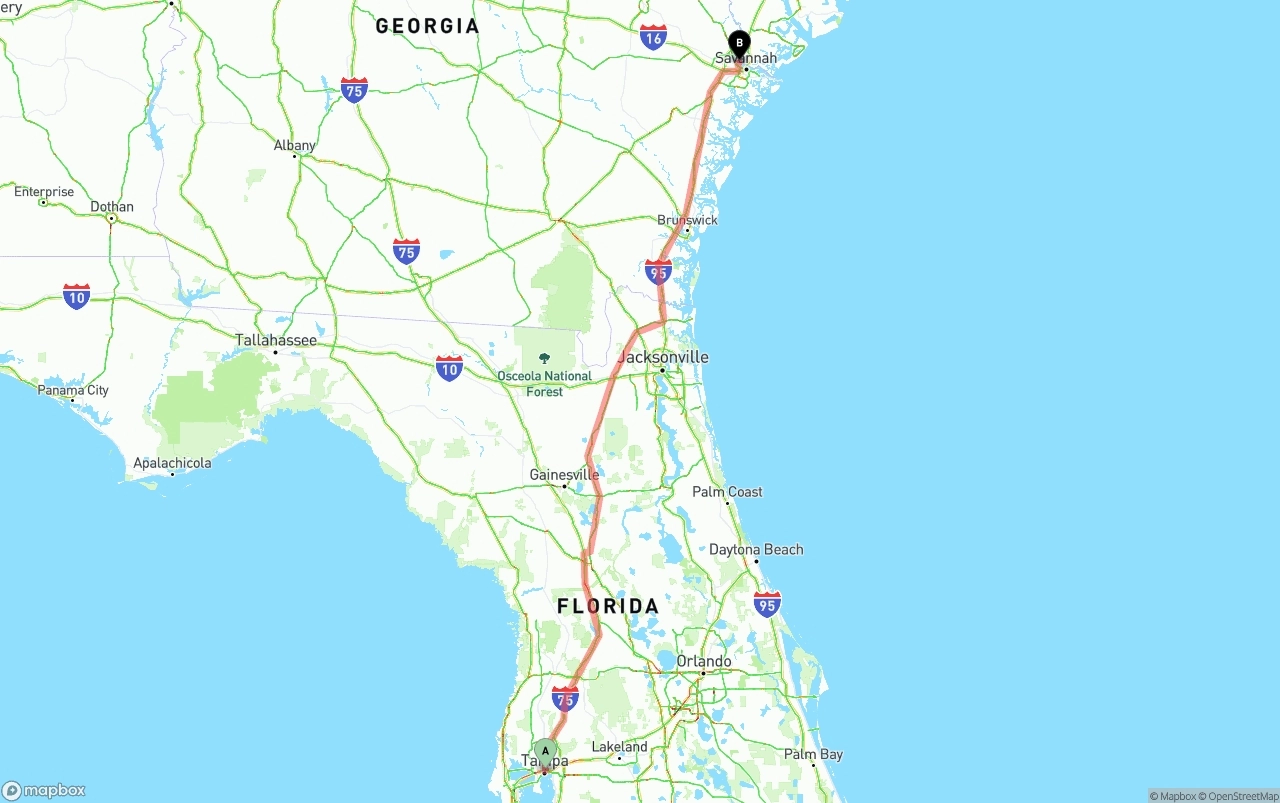 Shipping route from Tampa to Port of Savannah