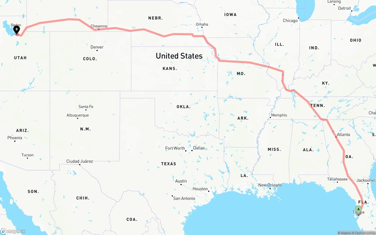 Shipping route from Tampa to Salt Lake City