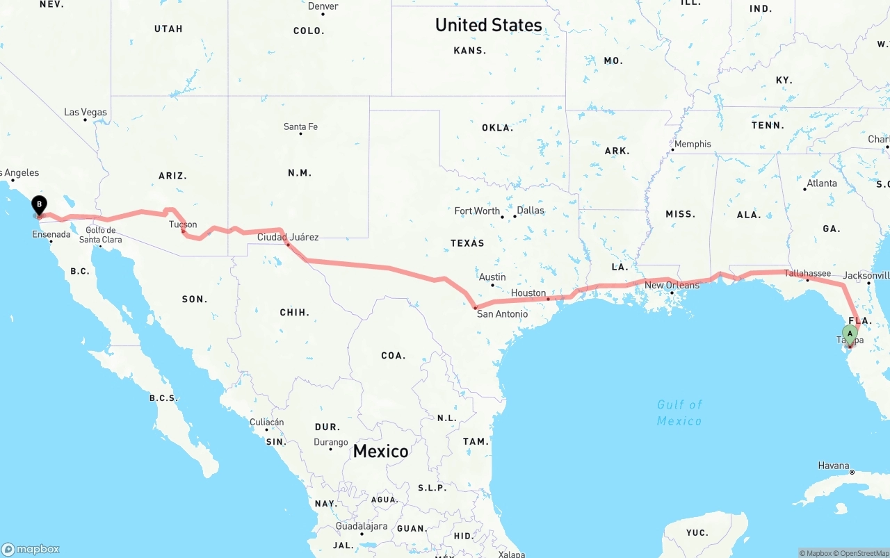 Shipping route from Tampa to San Diego