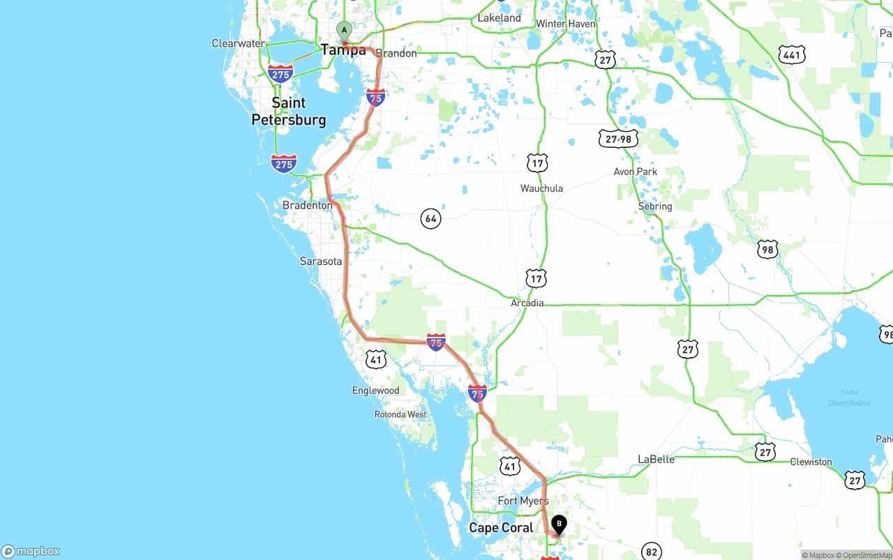 Shipping route from Tampa to Southwest Florida International Airport