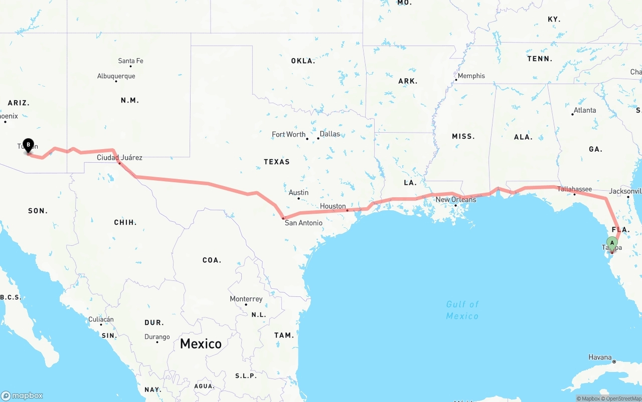 Shipping route from Tampa to Tucson International Airport