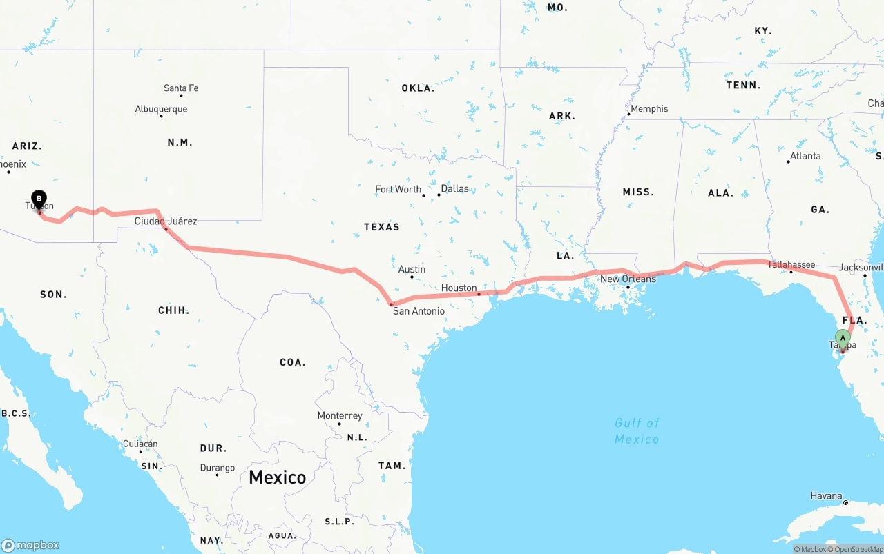 Shipping route from Tampa to Tucson