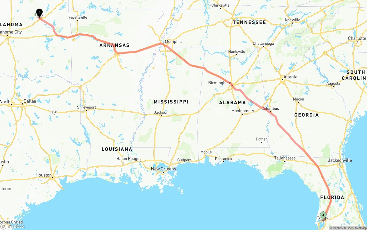 Shipping route from Tampa to Tulsa
