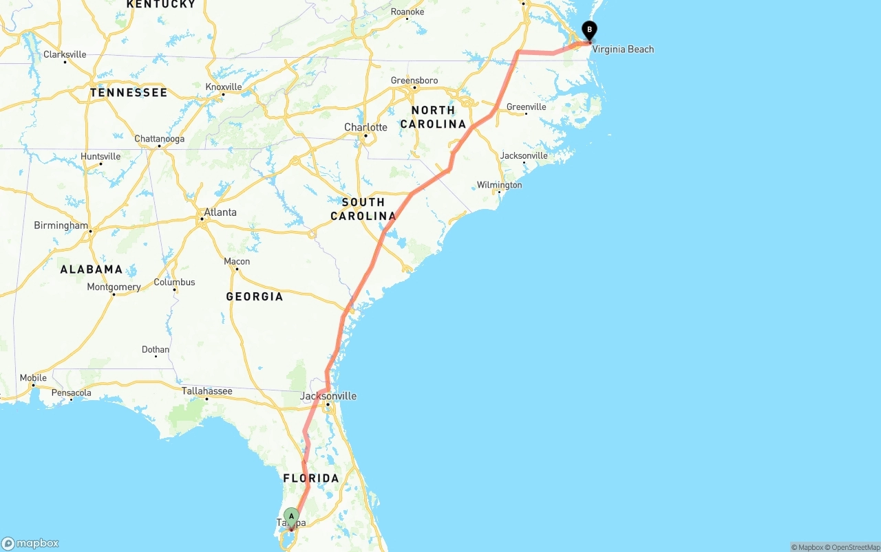 Shipping route from Tampa to Virginia Beach