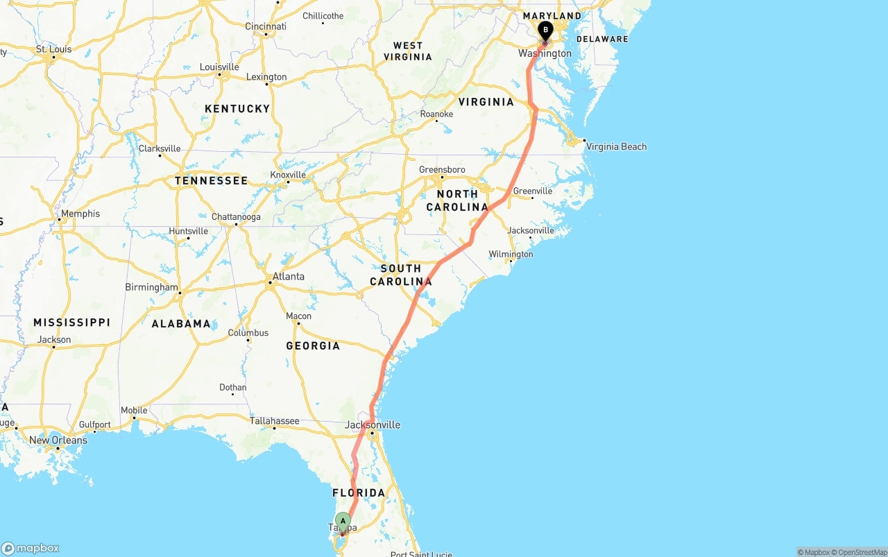 Shipping route from Tampa to Washington D.C.