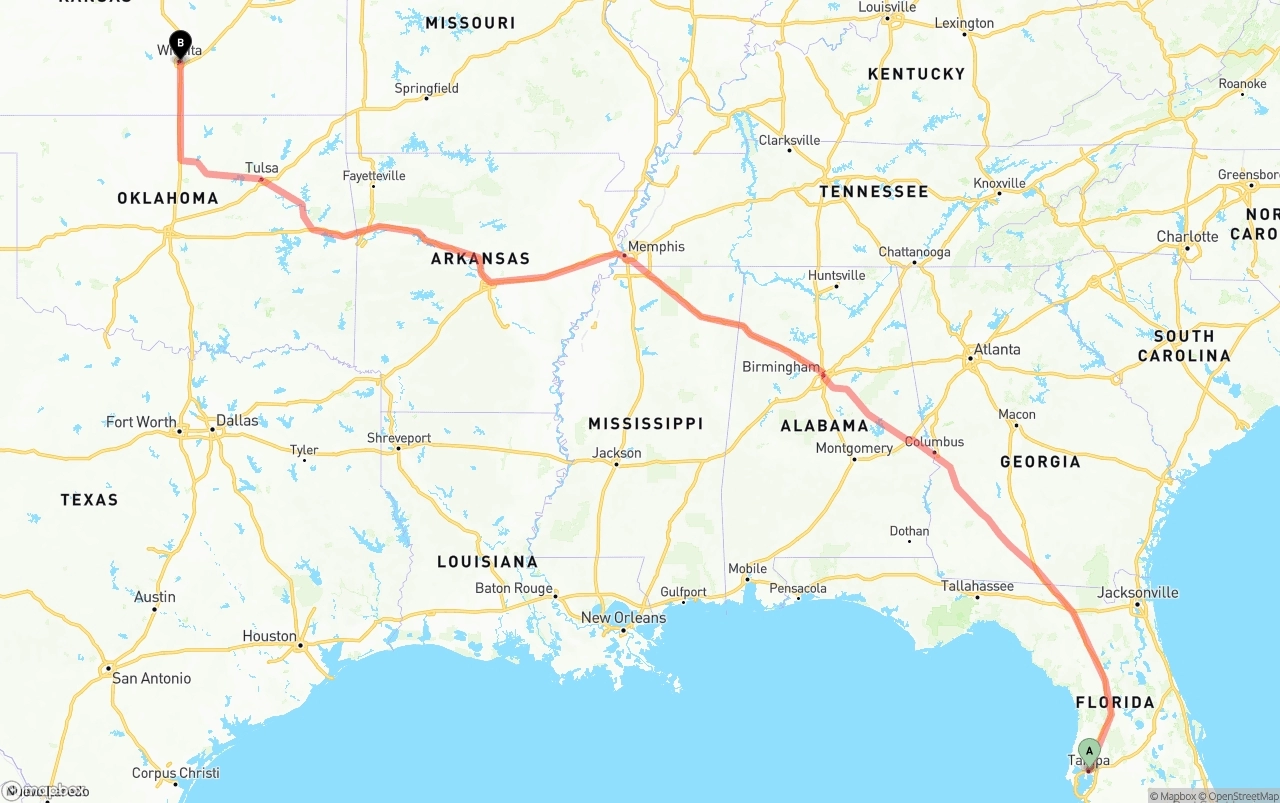 Shipping route from Tampa to Wichita