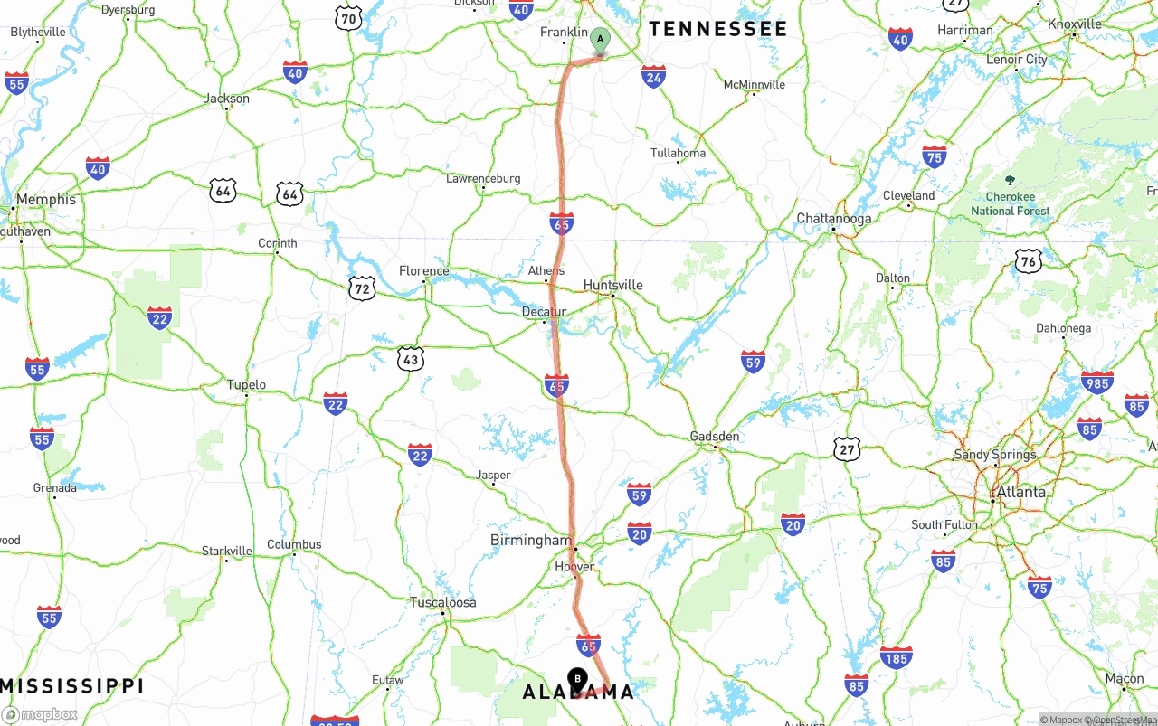 Shipping route from Tennessee to Alabama