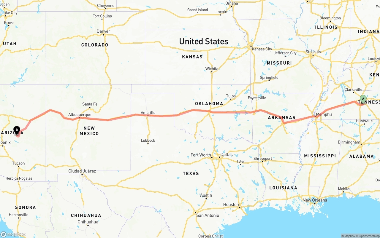 Shipping route from Tennessee to Arizona