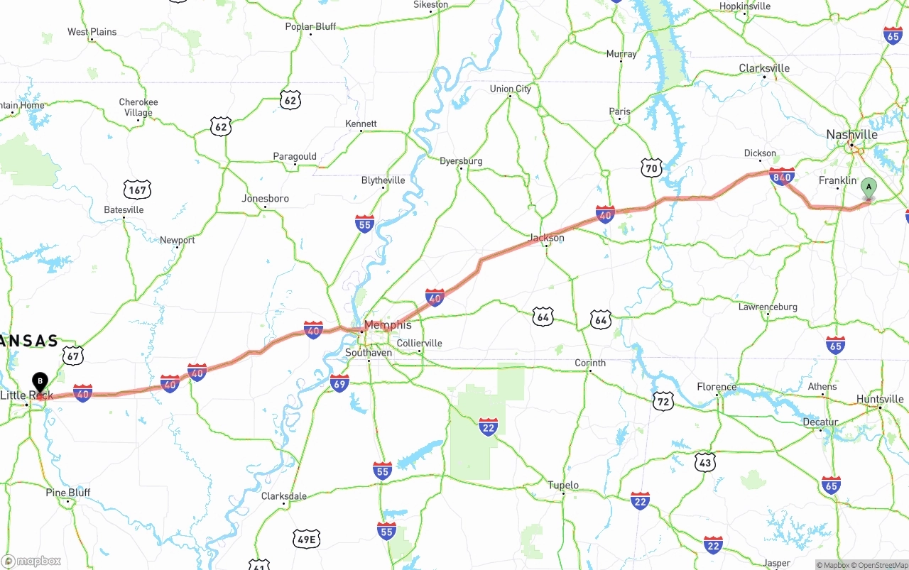 Shipping route from Tennessee to Arkansas