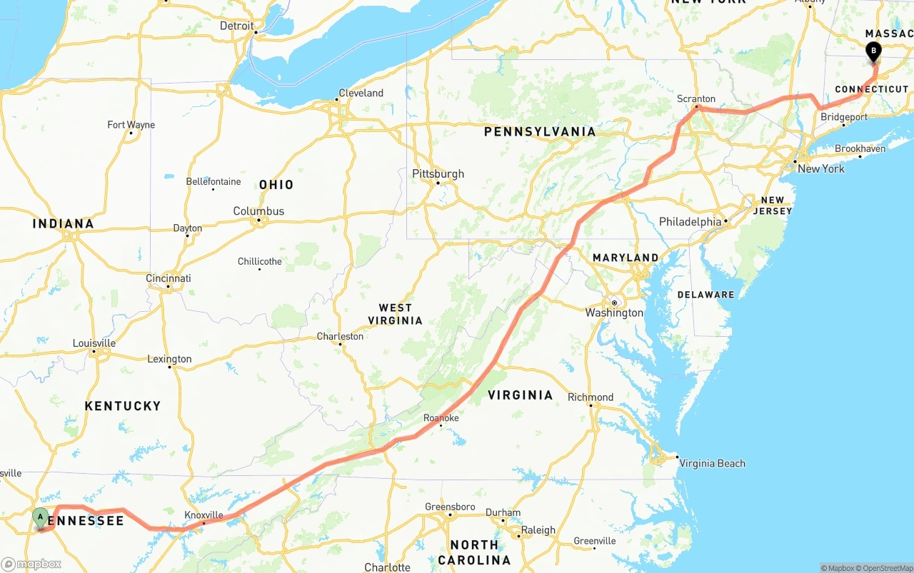 Shipping route from Tennessee to Bradley International Airport