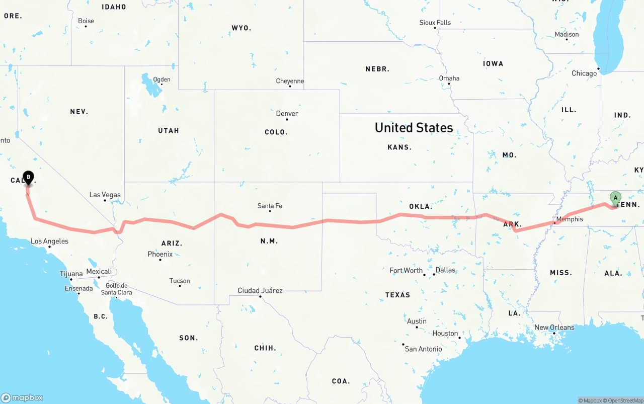 Shipping route from Tennessee to California