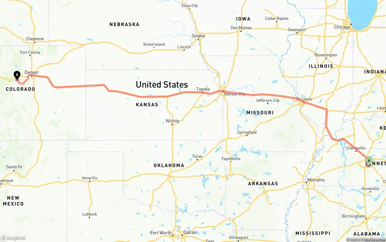 Shipping route from Tennessee to Colorado