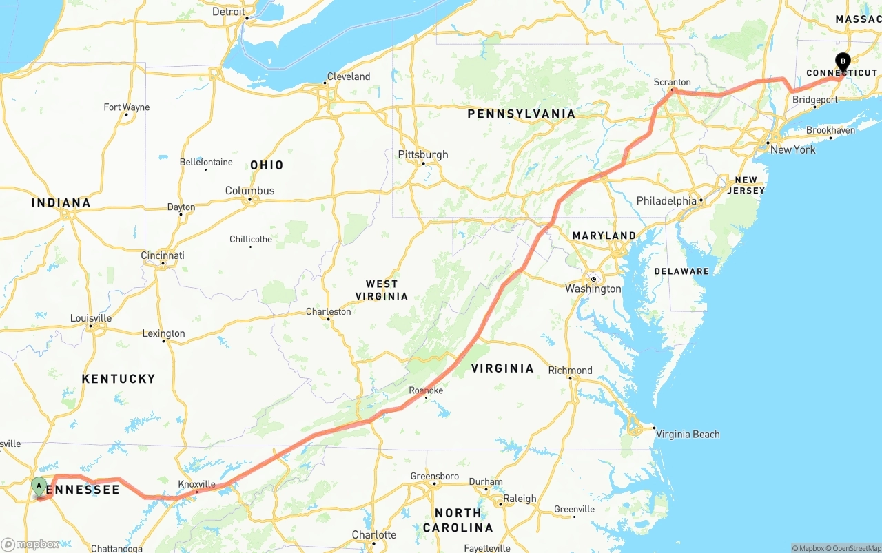 Shipping route from Tennessee to Connecticut