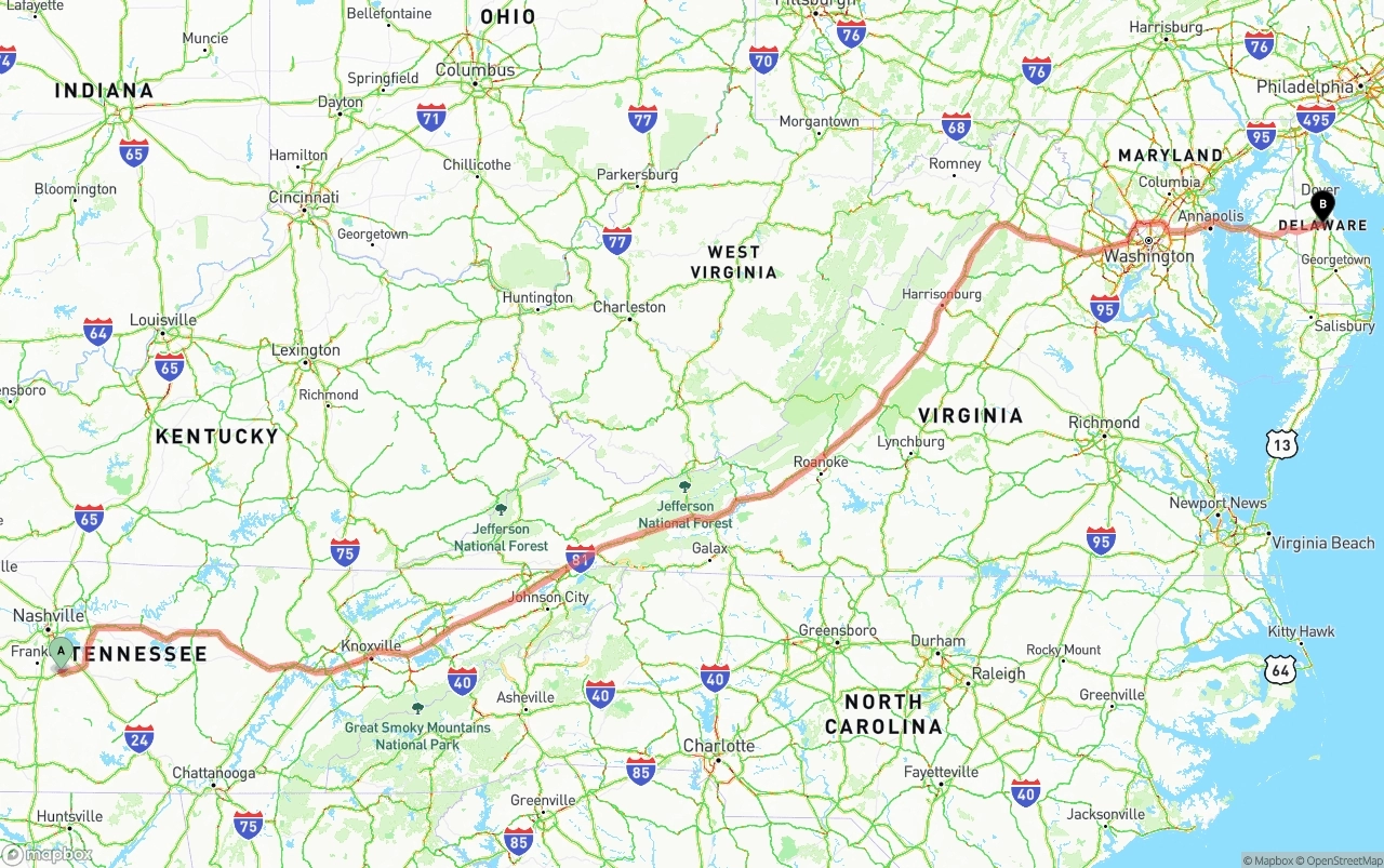 Shipping route from Tennessee to Delaware
