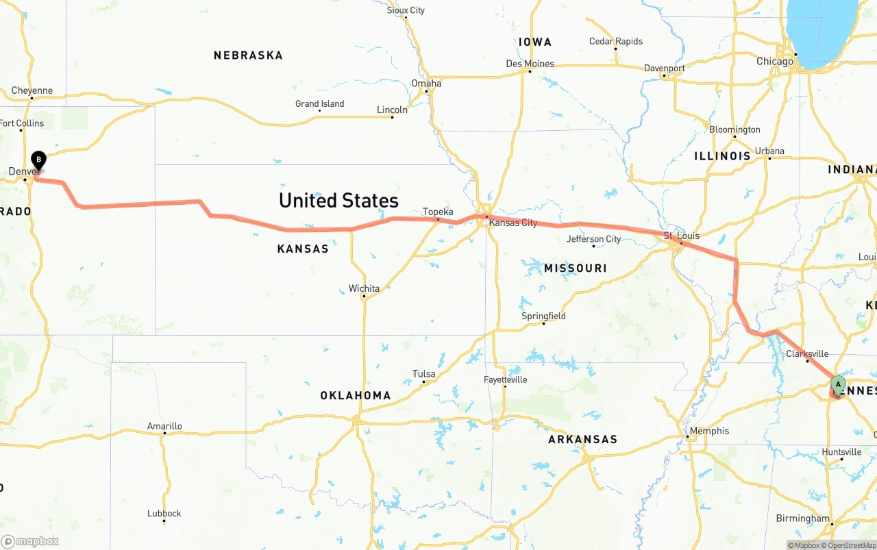 Shipping route from Tennessee to Denver International Airport