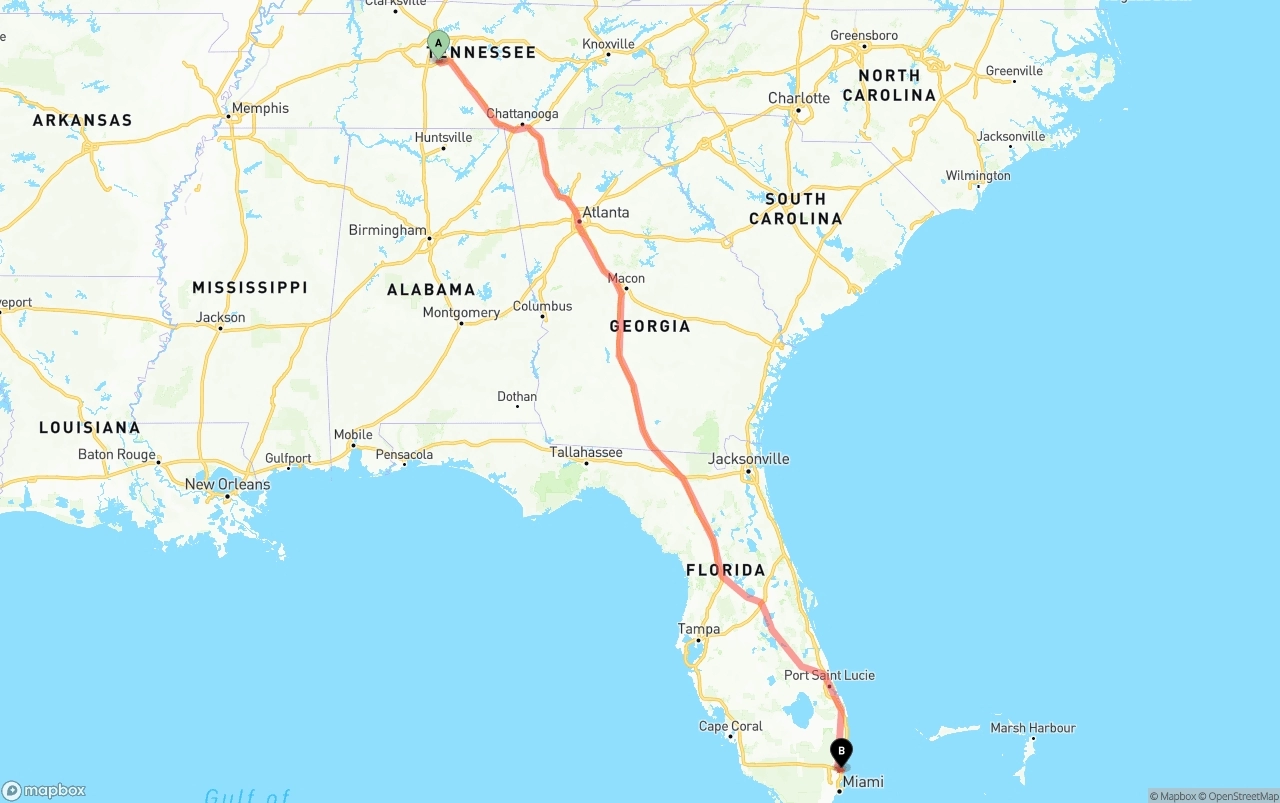Shipping route from Tennessee to Fort Lauderdale-Hollywood International Airport