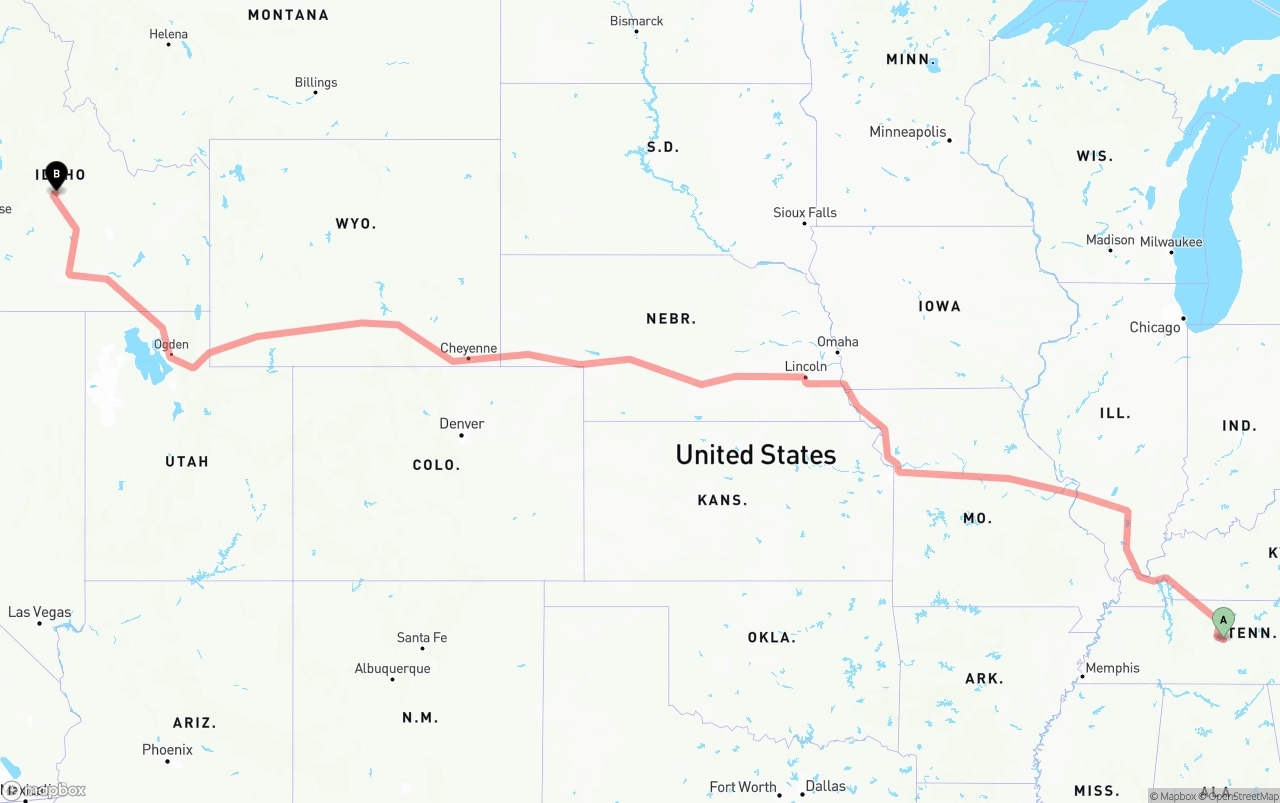 Shipping route from Tennessee to Idaho