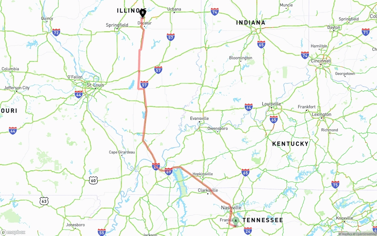 Shipping route from Tennessee to Illinois