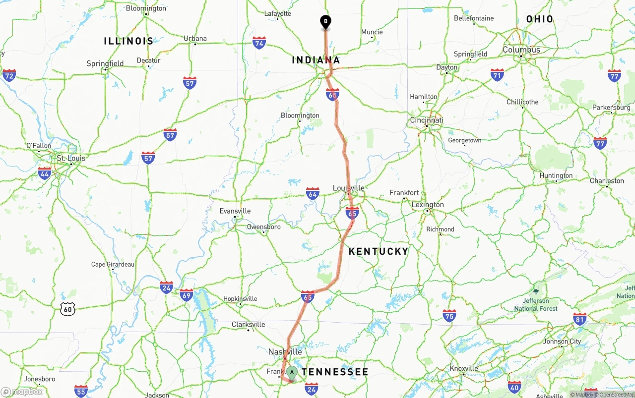 Shipping route from Tennessee to Indiana