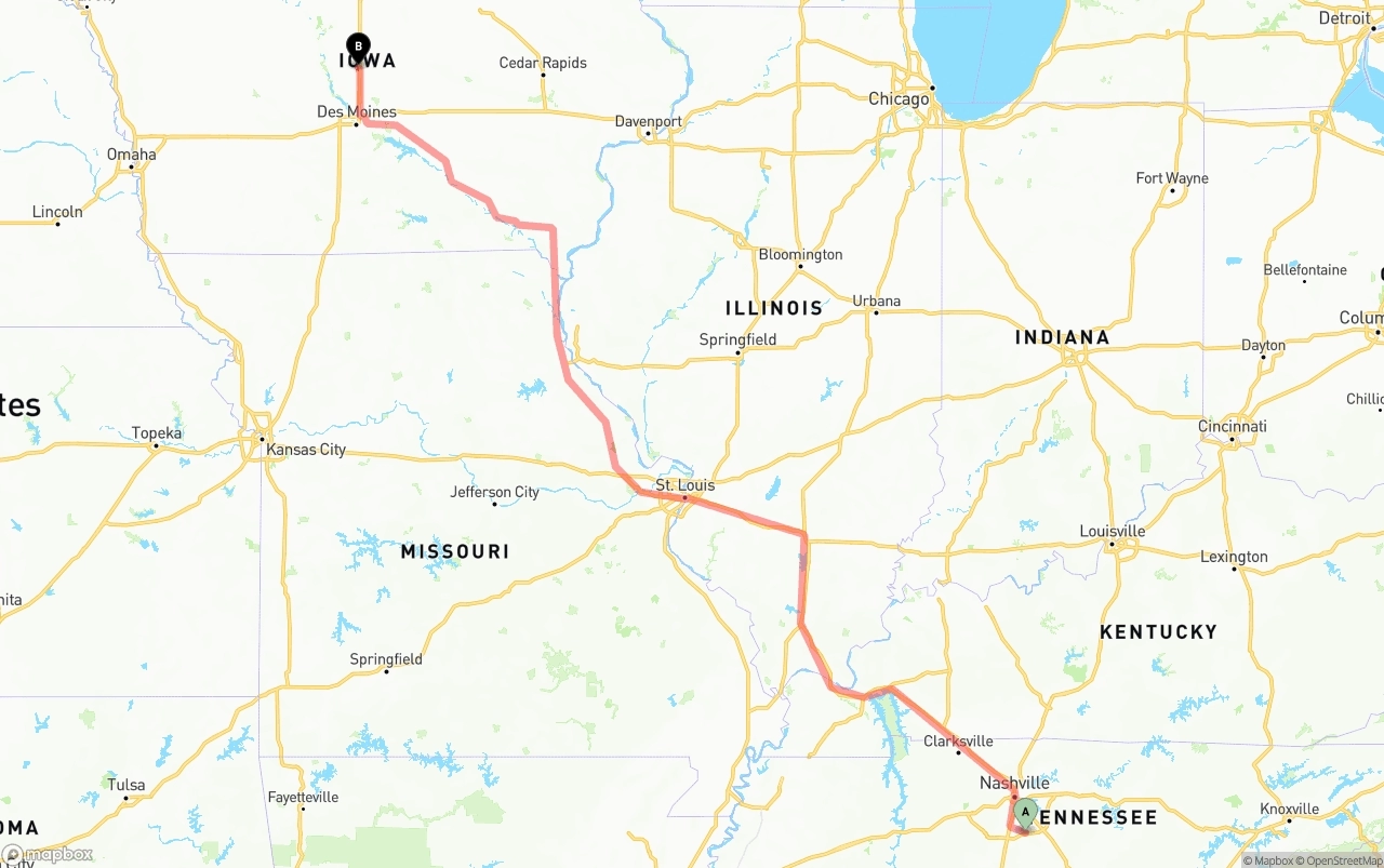Shipping route from Tennessee to Iowa