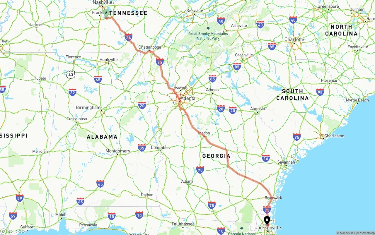 Shipping route from Tennessee to Jacksonville International Airport