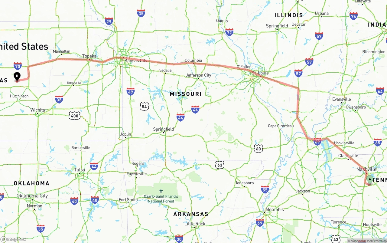 Shipping route from Tennessee to Kansas