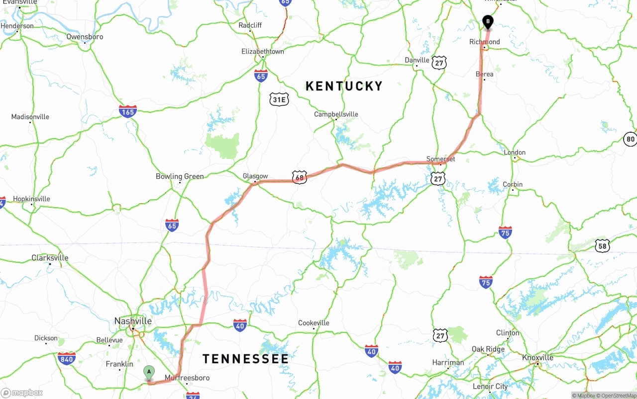Shipping route from Tennessee to Kentucky