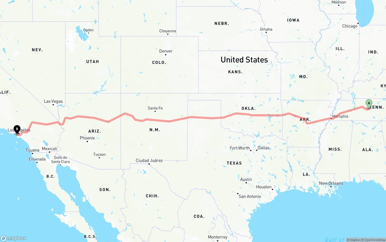 Shipping route from Tennessee to Los Angeles International Airport