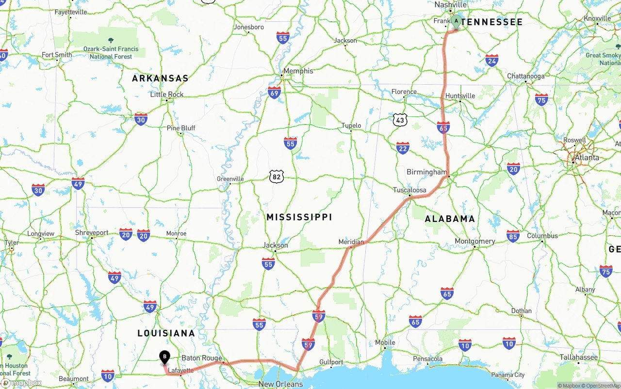 Shipping route from Tennessee to Louisiana