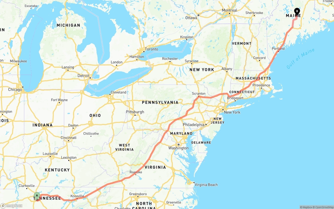 Shipping route from Tennessee to Maine