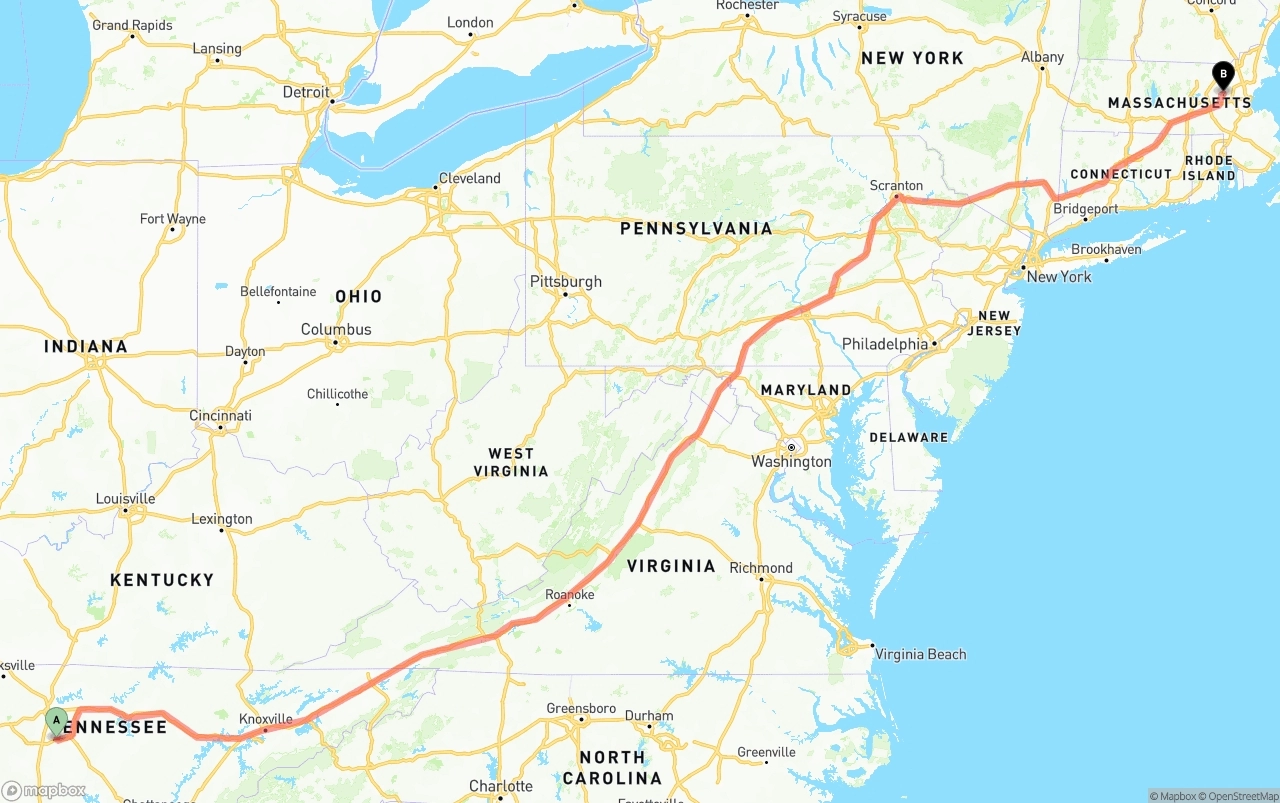 Shipping route from Tennessee to Massachusetts