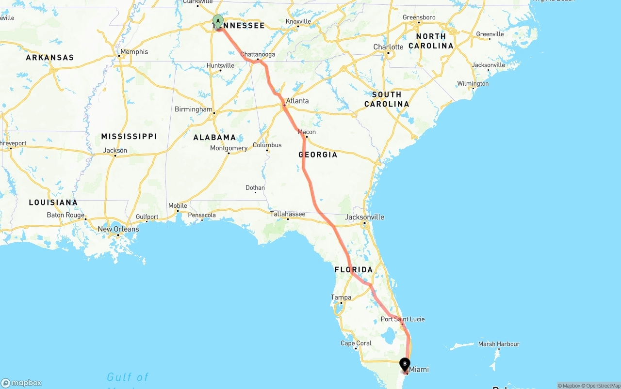 Shipping route from Tennessee to Miami International Airport