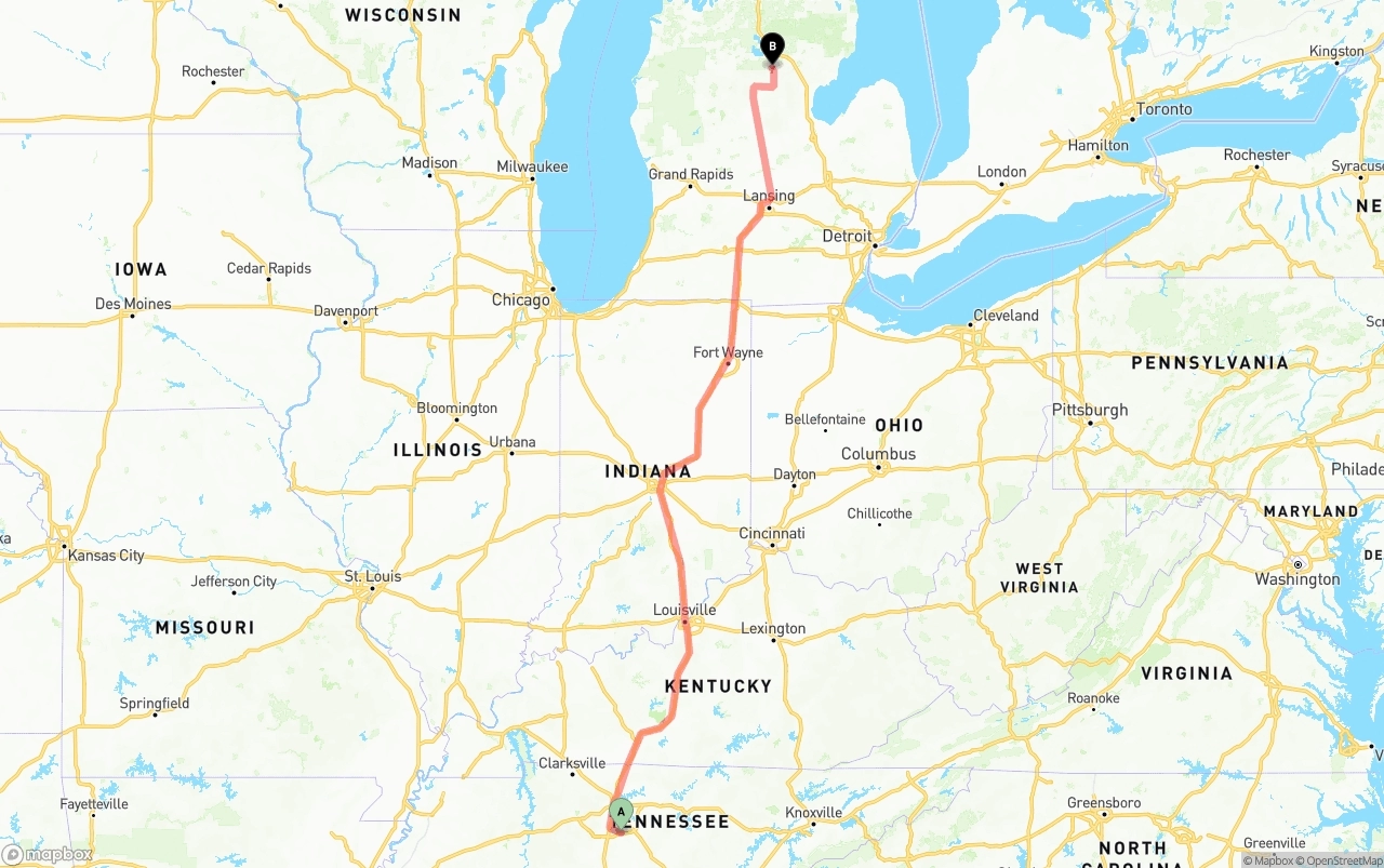 Shipping route from Tennessee to Michigan